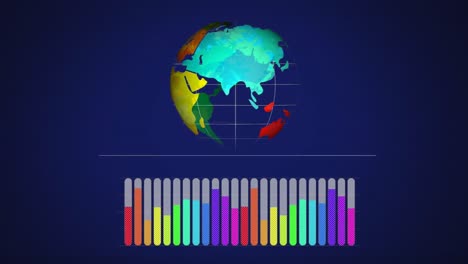 Animation-Der-Globusdrehung-Und-Statistikverarbeitung-Auf-Blauem-Hintergrund