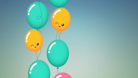 Animation-of-green,-pink-and-yellow-balloons-with-copy-space-on-blue-background