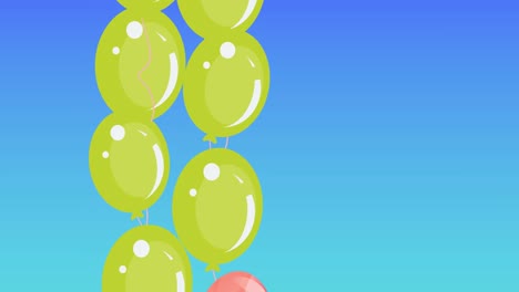 Animation-of-green-and-pink-balloons-with-copy-space-on-blue-background