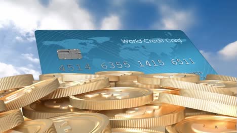 Animation-of-credit-card-and-stack-of-gold-dollar-coins-over-sky