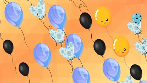 Animation-of-colourful-balloons-with-faces-flying-on-orange-background