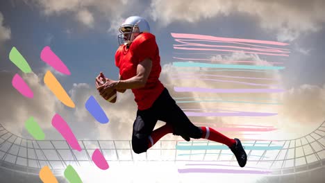 Animation-of-american-football-player-with-ball-over-sports-stadium-and-colourful-splodges