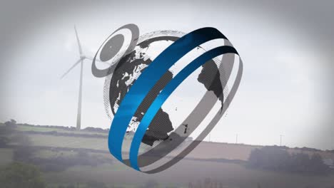 Animation-of-globe-spinning-with-network-of-connections-and-wind-turbine