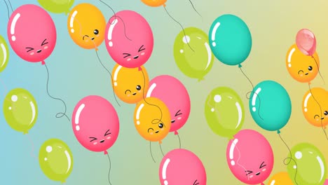Animation-of-colourful-balloons-with-faces-flying-on-blue-to-green-background