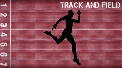 Animation-of-silhouette-of-male-runner-with-text-on-racing-track-background