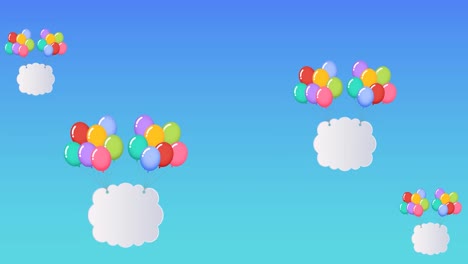 Animation-Von-Bunten-Luftballons-Mit-Wolken-Und-Kopierraum,-Die-Auf-Blauem-Hintergrund-Fliegen