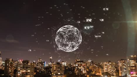Animation-of-globe-with-network-of-connections-over-cityscape-background