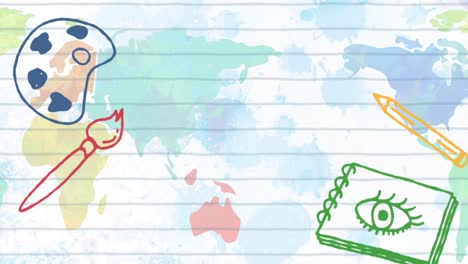 Animación-De-íconos-Escolares-Y-Artísticos-Sobre-El-Mapa-Mundial