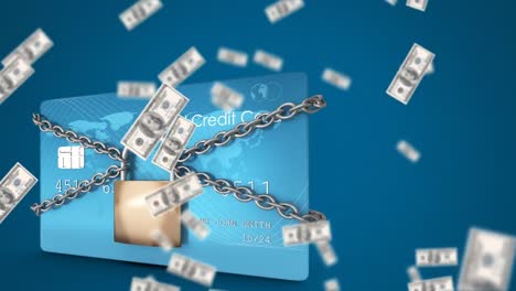 Animation-of-american-dollar-banknotes-falling-over-credit-card-in-chain