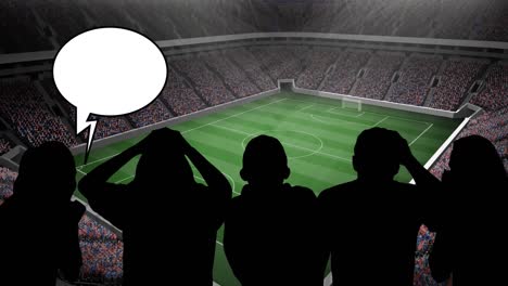 Animation-of-silhouette-of-sport-fans-with-speech-bubbles-on-sports-stadium-background