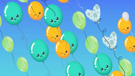 Animation-of-colourful-balloons-with-faces-flying-on-blue-background