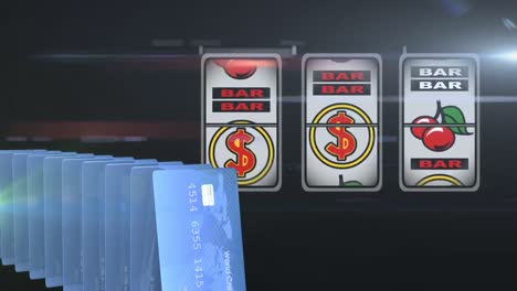 Animation-of-credit-card-and-casino-fruit-machine