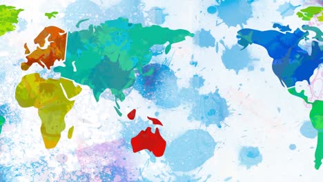 Animation-Von-Rosa-Farbe-über-Blauen-Klecksen-Und-Weltkarte