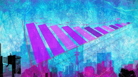 Animation-of-pink-statistics-processing-over-cityscape-background