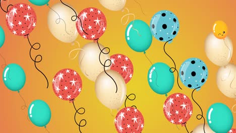 Animation-Von-Bunten-Luftballons,-Die-Auf-Orangefarbenem-Hintergrund-Fliegen