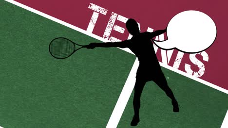 Animation-Der-Silhouette-Eines-Tennisspielers-Mit-Sprechblase-Auf-Dem-Hintergrund-Des-Tennisplatzes