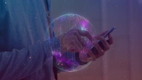 Animation-of-globe-of-connections-over-man-using-smartphone-in-background