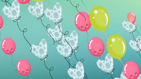 Animation-of-colourful-balloons-with-faces-flying-on-green-background