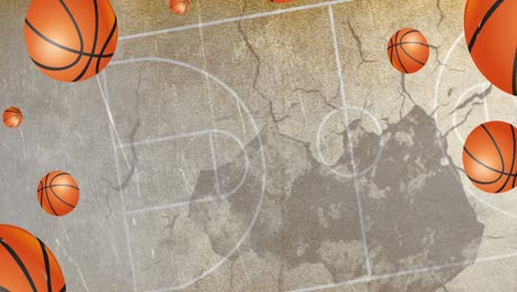 Animation-of-bouncing-basketball-court-and-balls-on-cracked-background