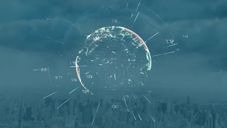 Animation-of-globe-with-network-of-connections-and-cityscape-on-blue-background