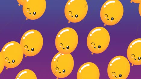 Animation-of-yellow-balloons-with-faces-on-purple-background