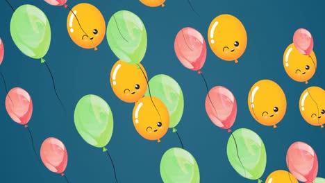 Animation-of-colourful-balloons-with-faces-flying-on-blue-background