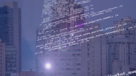 Animation-Der-Datenverarbeitung-über-Dem-Stadtbild-Auf-Blauem-Hintergrund