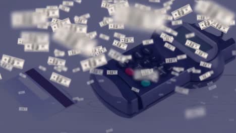 Animation-Von-US-Dollar-Banknoten,-Die-über-Kreditkarte-Und-Zahlungsterminal-Fallen