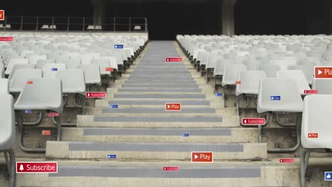 Animation-of-social-media-icons-on-banners-over-empty-stands-in-sports-stadium