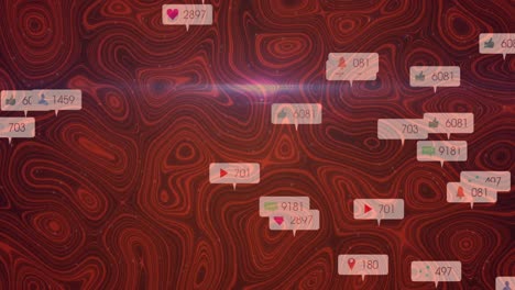 Animation-of-social-media-icons-on-banners-over-red-liquid-lines