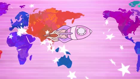 Animation-Eines-Raumschiffs,-Das-über-Sterne-Und-Weltkarte-Fliegt