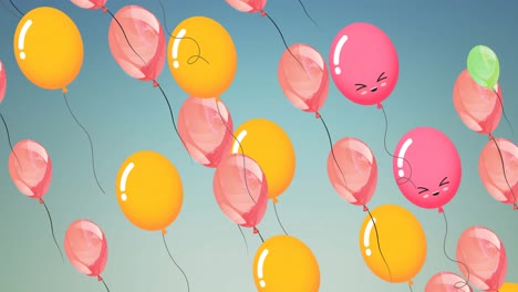 Animation-Von-Bunten-Luftballons-Mit-Fliegenden-Gesichtern-Auf-Blauem-Hintergrund