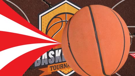 Animation-of-basketball-ball-and-tournament-badge-with-red-and-white-trails-in-background