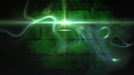 Animation-of-glowing-blue-and-green-light-trails-over-brick-wall