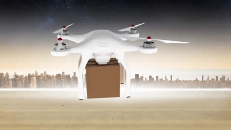 Animation-of-drone-carrying-cardboard-box-over-cityscape