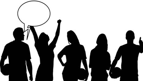 Animation-of-silhouette-of-sport-fans-with-speech-bubbles-on-white-background