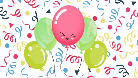 Animation-Von-Bunten-Luftballons-Mit-Party-Streamern-Auf-Weißem-Hintergrund