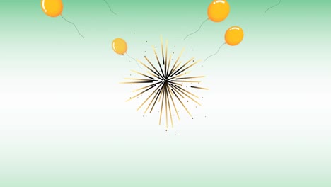 Animation-of-fireworks-and-yellow-balloons-flying-on-green-background