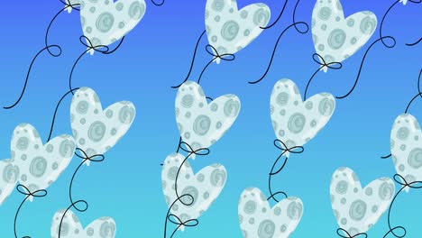Animation-of-heart-shaped-balloons-flying-on-blue-background