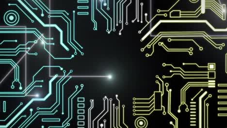 Animation-of-glowing-circuit-board-with-copy-space-on-black-background