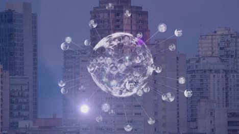 Animation-of-globe-with-network-of-connections-over-cityscape-on-blue-background