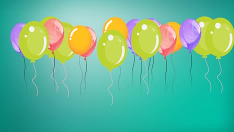 Animation-of-colourful-balloons-bouncing-on-green-background