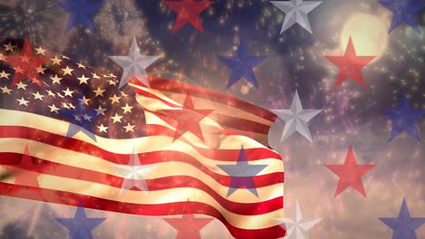 Animation-Von-Sternen,-Die-Sich-über-Amerikanische-Flagge-Und-Feuerwerk-Bewegen