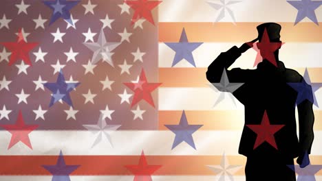 Animation-Von-Sternen,-Die-Sich-über-Die-Amerikanische-Flagge-Und-Den-Soldaten-Bewegen