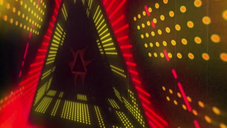 Animation-of-triangular-yellow-and-red-3d-light-display-flashing-and-moving-on-black-background