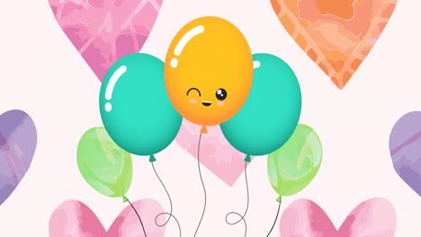 Animation-Von-Bunten-Luftballons-Und-Herzen-Auf-Rosa-Hintergrund