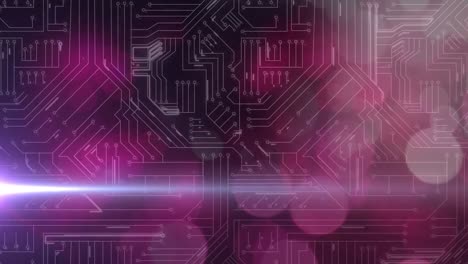 Animation-of-pink-glowing-light-trails-moving-across-processor-circuit-board