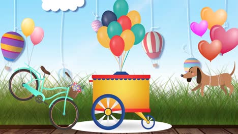 Animation-of-stand-with-balloons,-bicycle-and-dog-on-blue-background