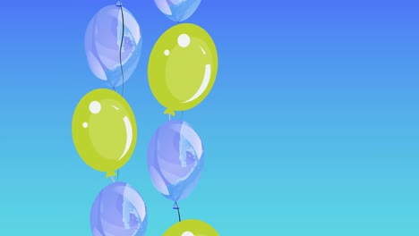 Animation-Von-Grünen-Und-Violetten-Luftballons-Mit-Kopierraum-Auf-Blauem-Hintergrund