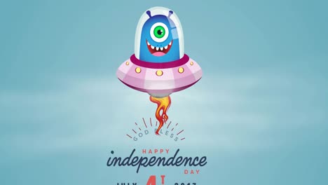 Animation-of-happy-independence-day-text-with-smiling-allien-over-blue-background
